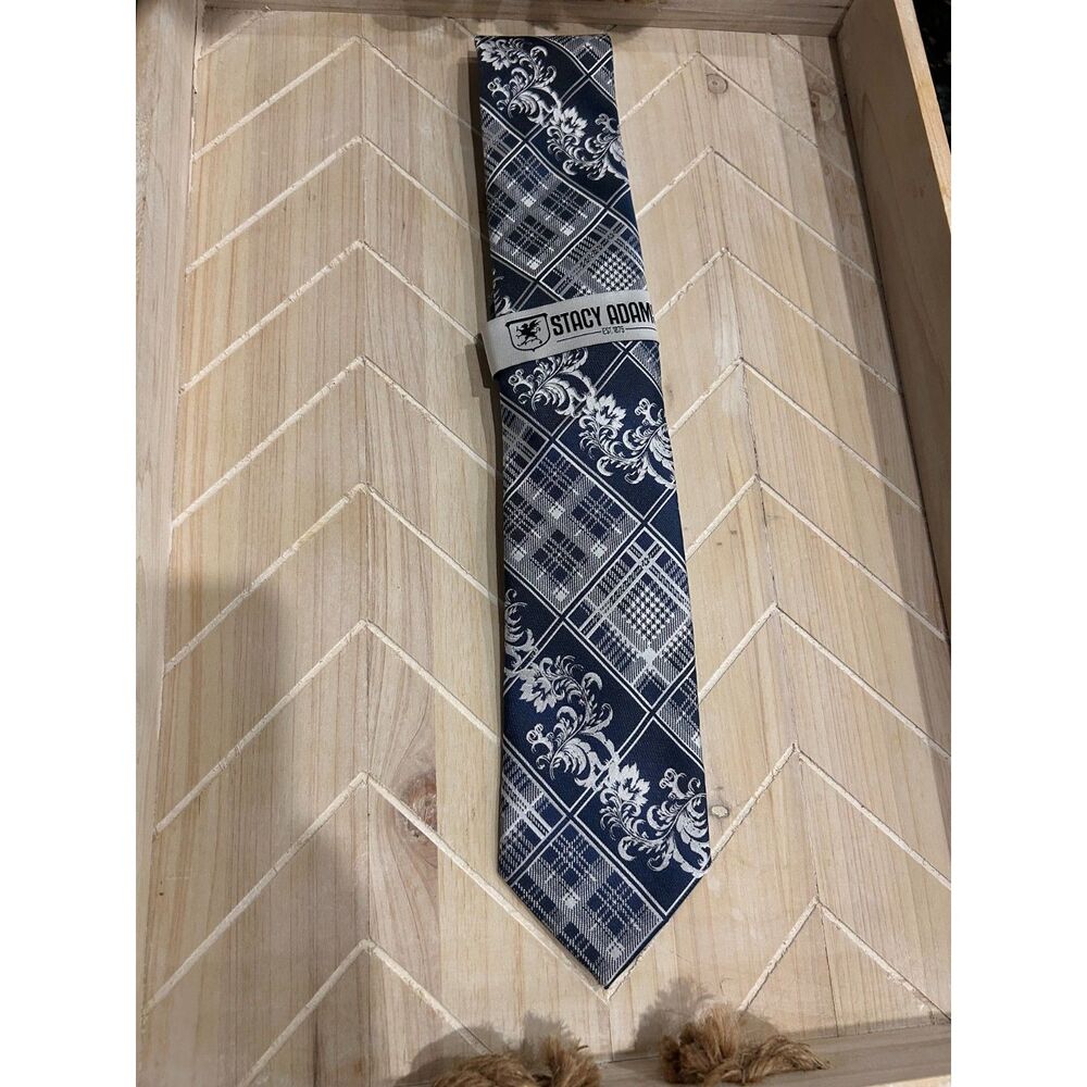 NWT Stacy Adams Tie Navy Blue Silver Gray Plaid Floral Patchwork Formal Men